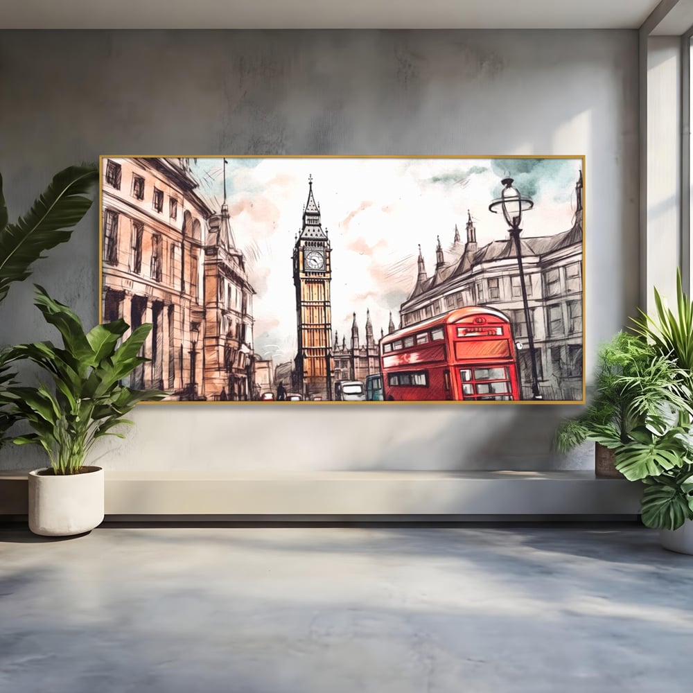 Tablou canvas cu ilustratie urbana cu big ben si autobuz rosu, in rama de aluminiu auriu